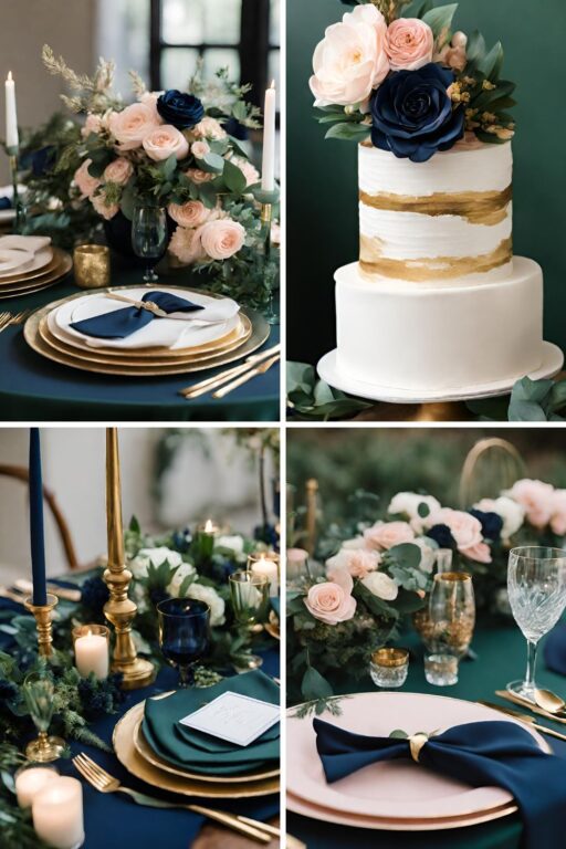 A photo collage with hunter green, navy, pink, and gold wedding color ideas.