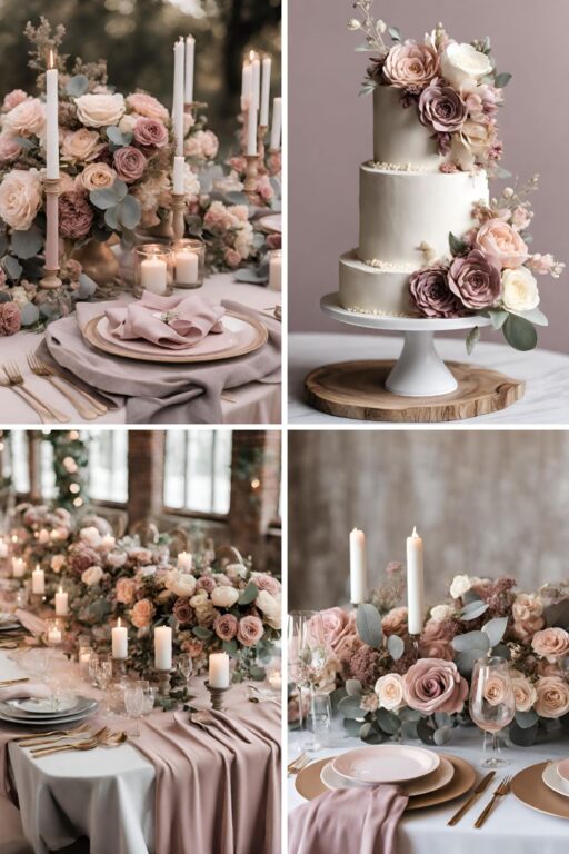 A photo collage of mauve, dusty pink, and beige wedding color ideas.