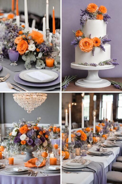 A photo collage of orange, lavender, and gray wedding color ideas.