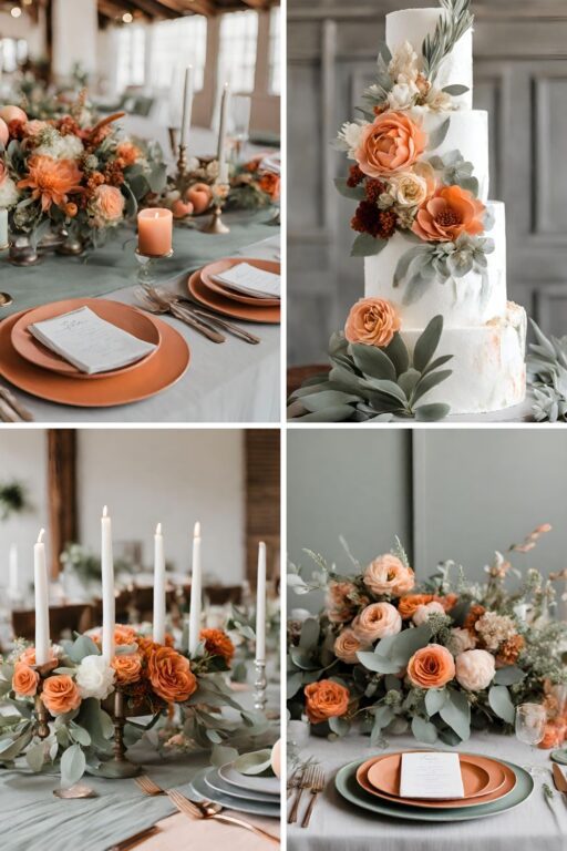 A photo collage with orange and sage green wedding color ideas.