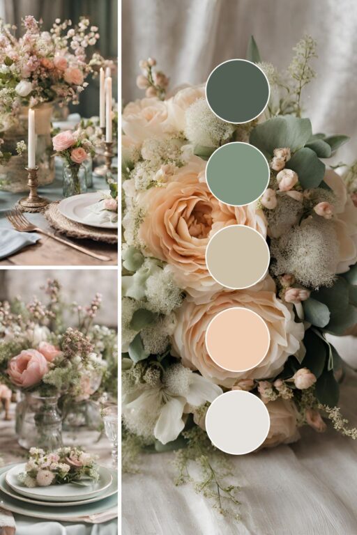 A photo collage of a vintage spring wedding theme ideas.