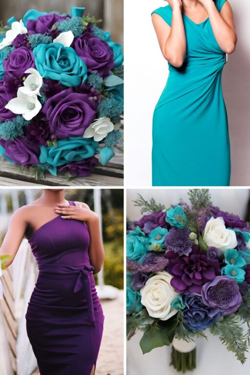 A photo collage of purple, teal blue, and white wedding color ideas.