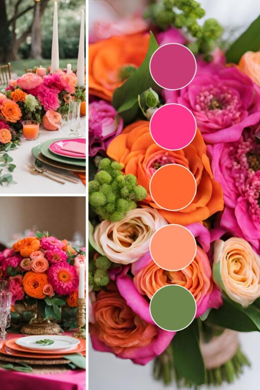 A photo collage of tropical paradise themed wedding color ideas.