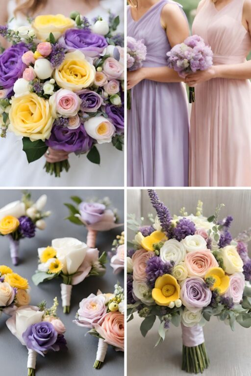 A photo collage with pastel purple, pink, and yellow wedding color ideas.