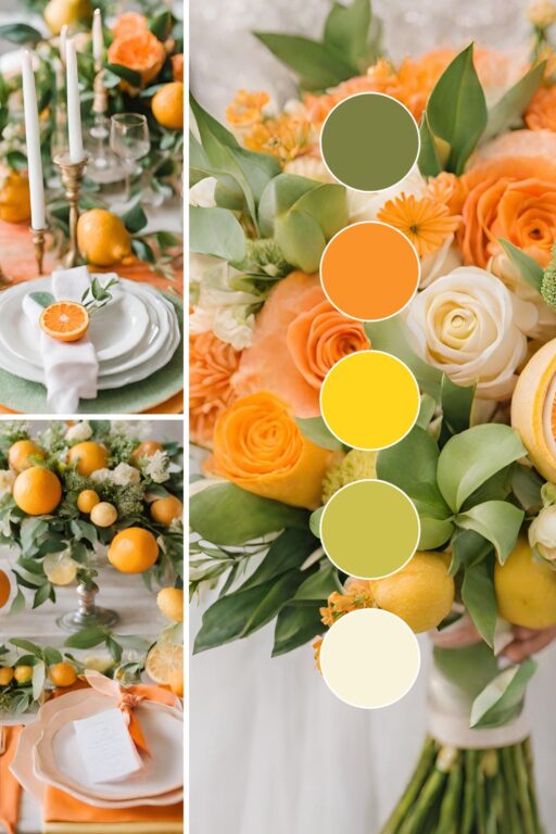 A photo collage of a citrus spring wedding theme ideas.