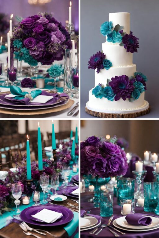 A photo collage of purple, teal blue, and white wedding color ideas.