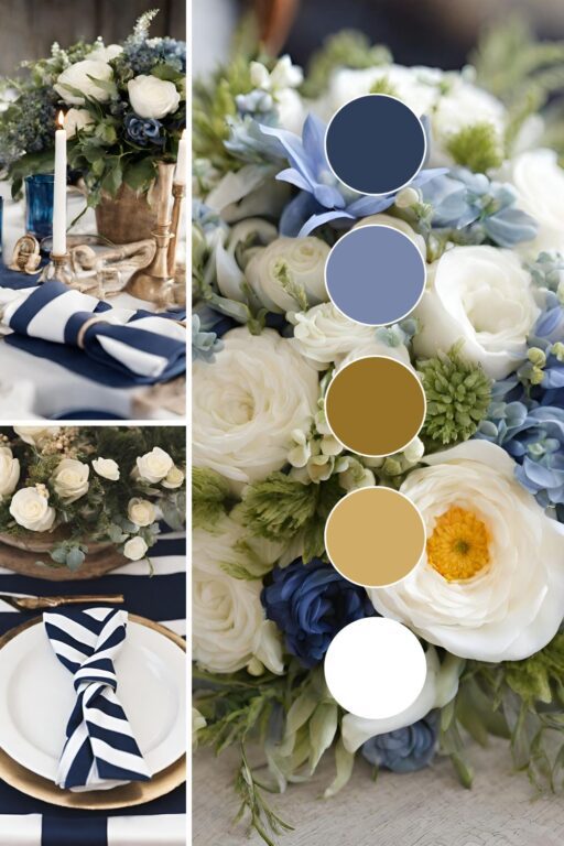 A photo collage of a nautical spring wedding theme ideas.