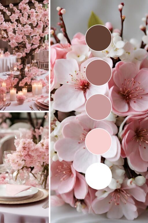 A photo collage of a cherry blossom spring wedding theme ideas.