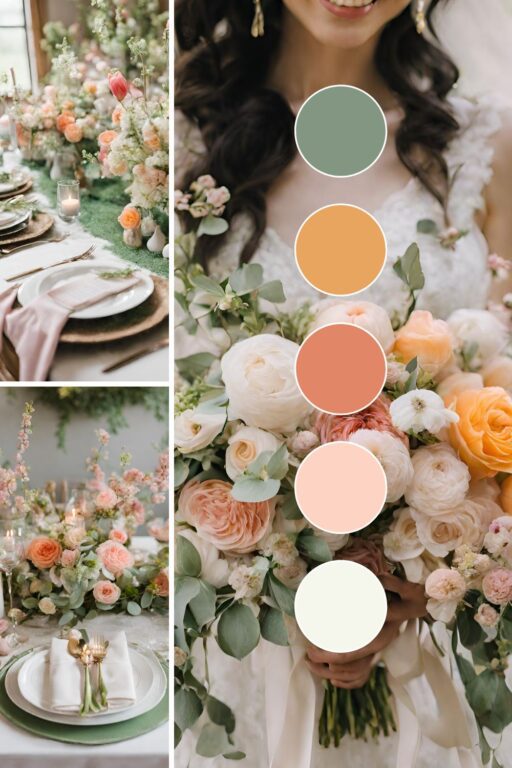 A photo collage of a whimsical spring wedding themes.