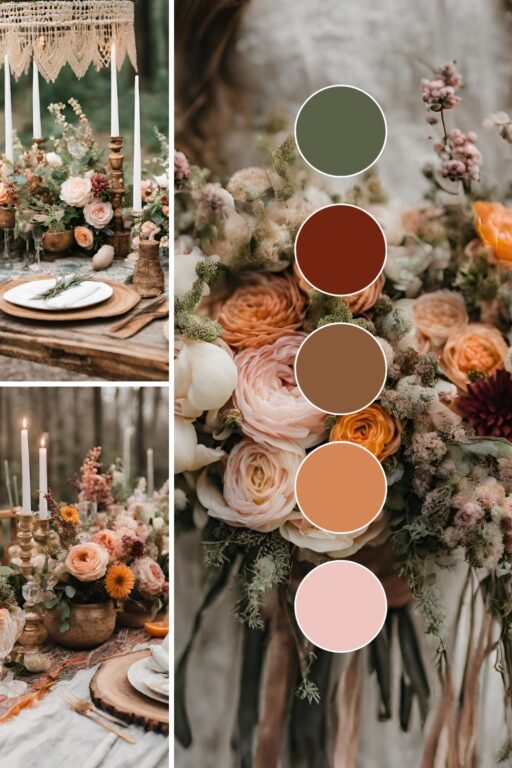 A photo collage of a bohemian spring wedding theme ideas.