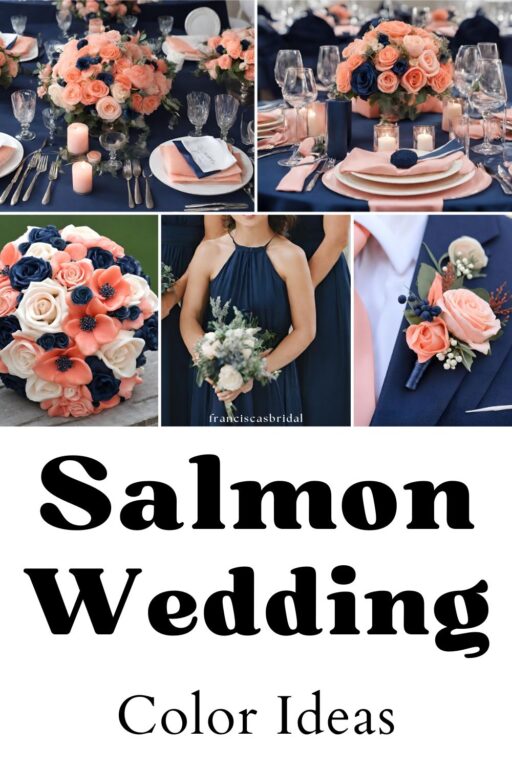 A photo collage of salmon pink and navy blue wedding color ideas.