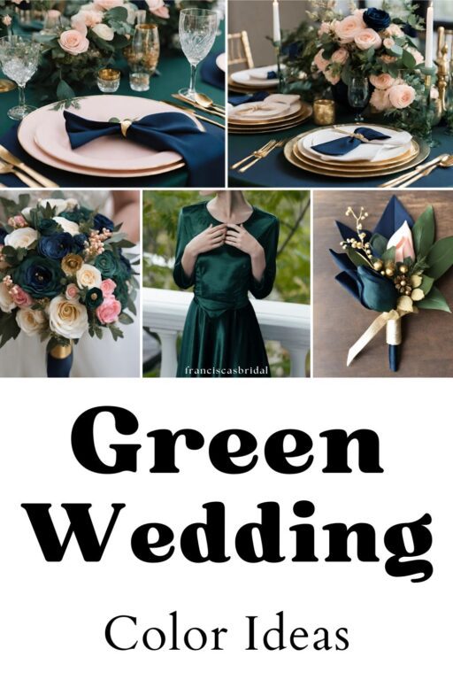 A photo collage with hunter green wedding color ideas.
