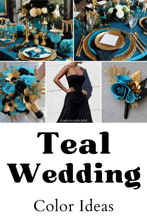 A photo collage with teal blue and black wedding color ideas.