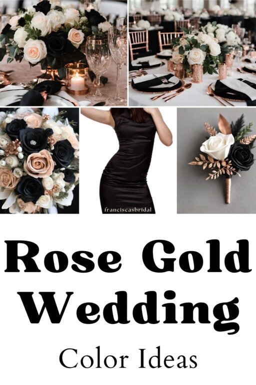 A photo collage of black and rose gold wedding color ideas.