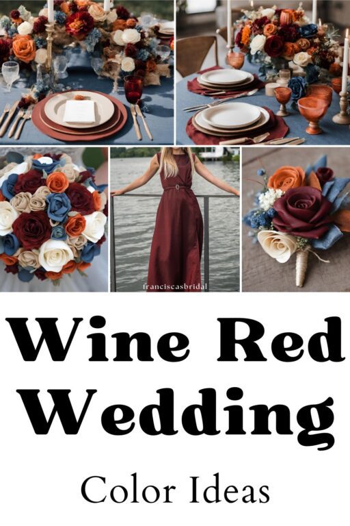 A photo collage with wine red wedding color ideas.