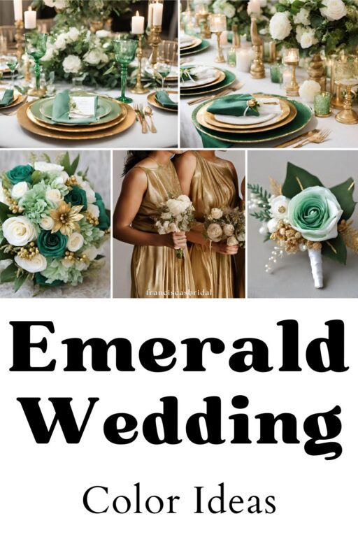 A photo collage of light emerald green and gold wedding color ideas.