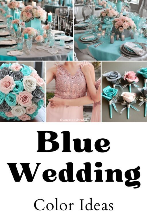 A photo collage of tiffany blue and dusty pink wedding color ideas.