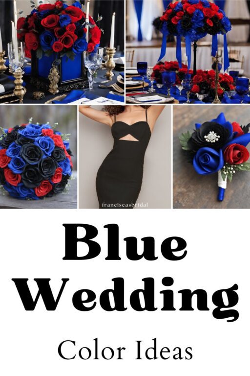 A photo collage with royal blue wedding color ideas.