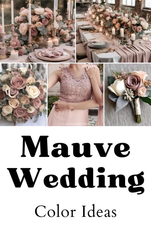 A photo collage of mauve and dusty pink wedding color ideas.