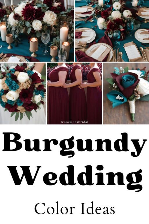 A photo collage of burgundy and dark teal wedding color ideas.