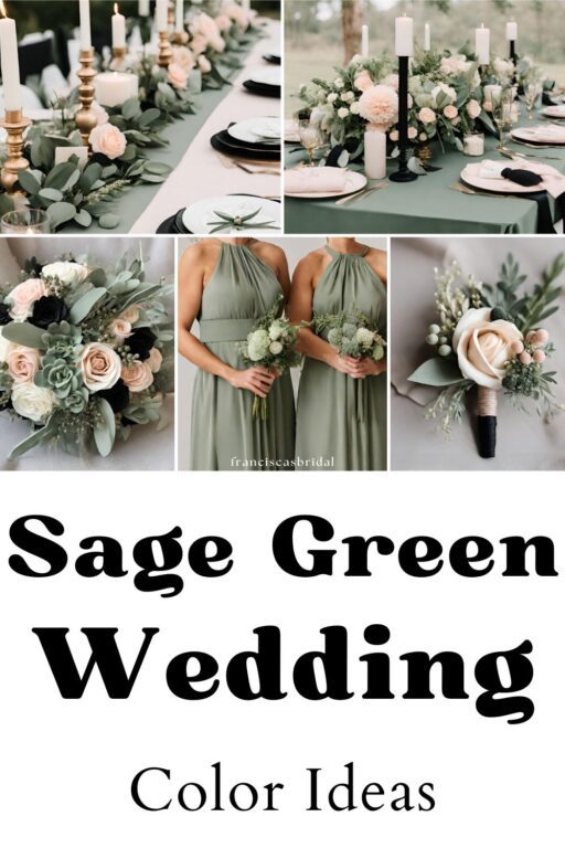 A photo collage of sage green and blush pink wedding color ideas.
