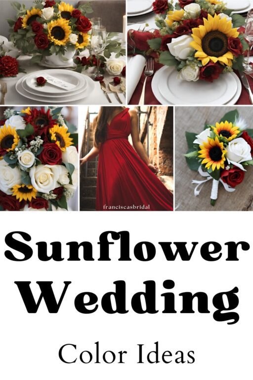 A photo collage of sunflower wedding theme ideas.