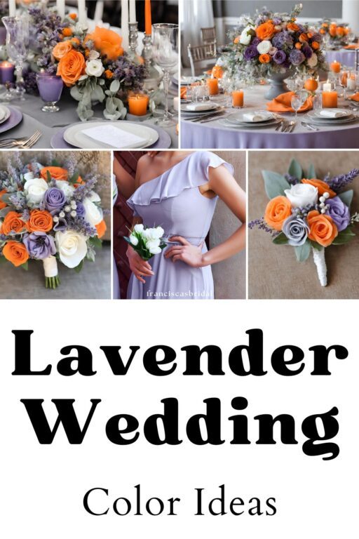 A photo collage of orange and lavender wedding color ideas.