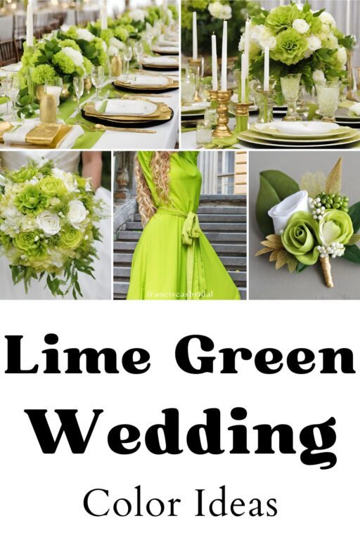 A photo collage of lime green wedding color ideas.