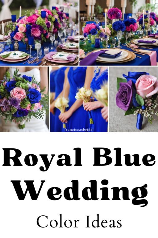 A photo collage of royal blue and purple wedding colors.