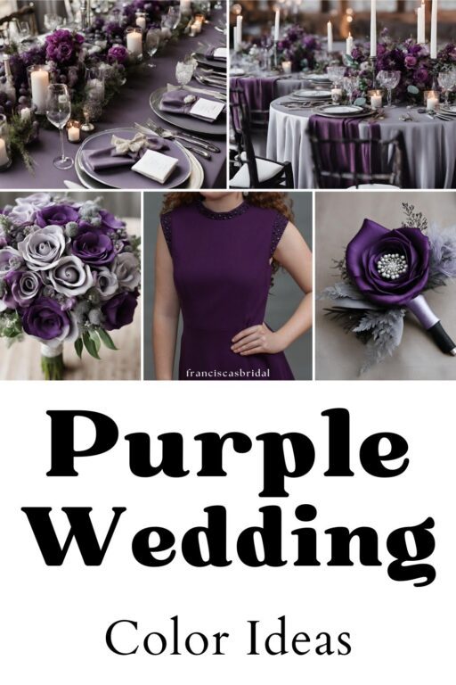 A photo collage of gray and purple wedding color ideas.