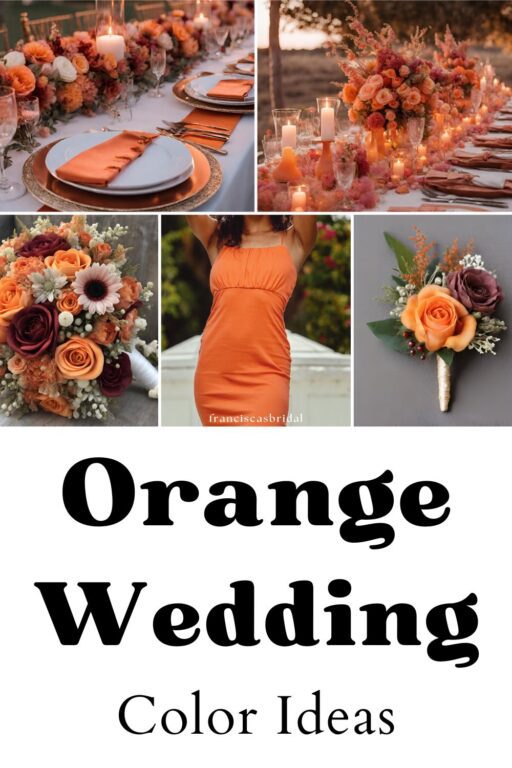 A photo collage of orange wedding color ideas.