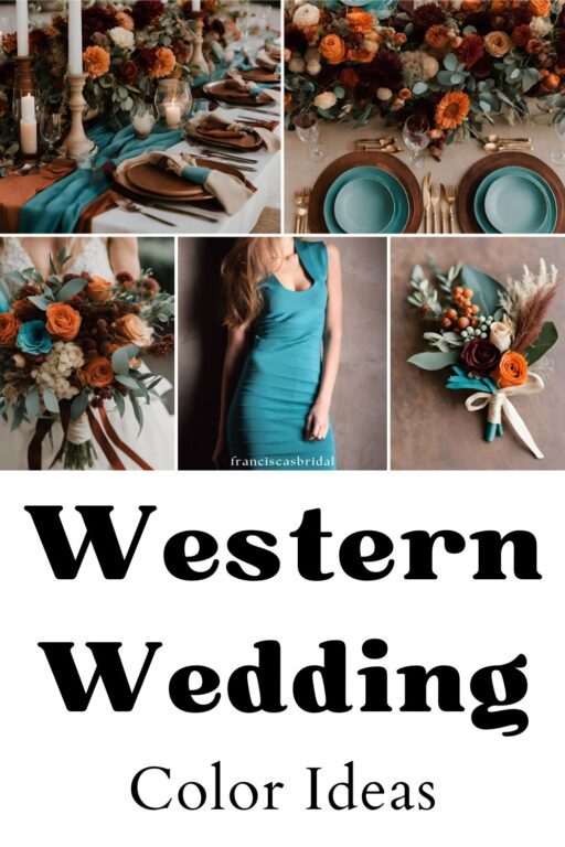 A photo collage of western wedding color palette ideas.