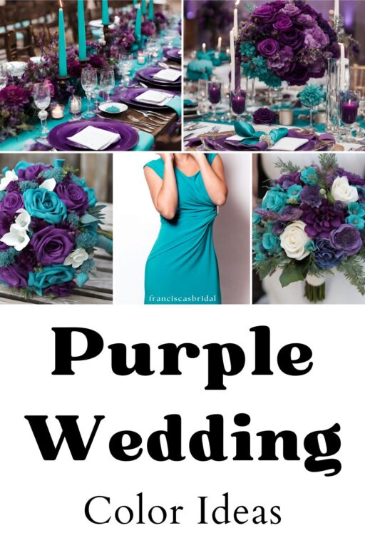 A photo collage of purple and teal wedding color ideas.