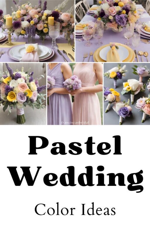 A photo collage with pastel wedding color ideas.