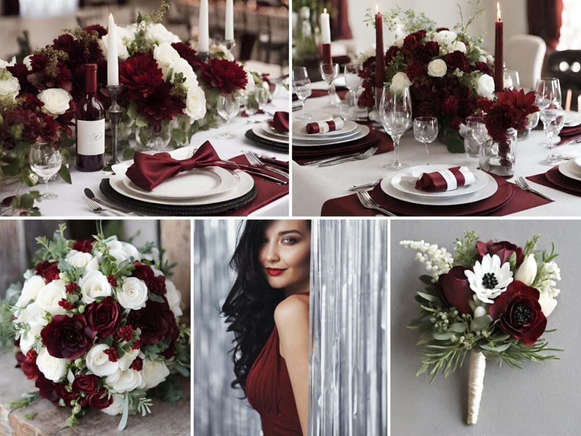 A photo collage of cabernet red and white wedding color ideas.