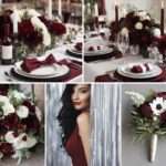 A photo collage of cabernet red and white wedding color ideas.