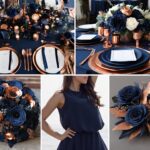 A photo collage of navy blue and copper wedding color ideas.