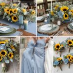 A photo collage of dusty blue, sage green, and sunflower wedding color ideas.