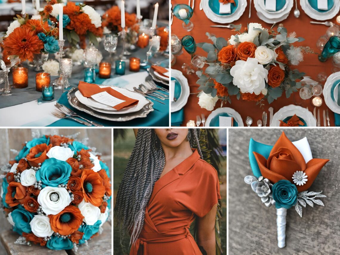 A photo collage of burnt orange and teal wedding color ideas.