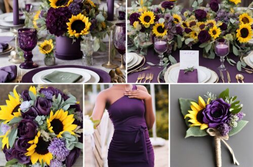 A photo collage of plum, light purple, sage green, and sunflower wedding color ideas.