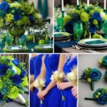 A photo collage of peacock themed wedding color ideas.