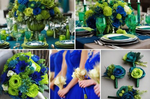 A photo collage of peacock themed wedding color ideas.