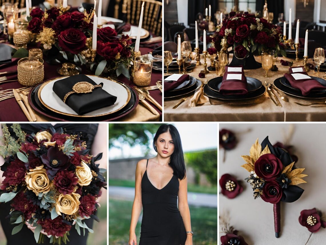 A photo collage of maroon, black, and gold wedding color ideas.