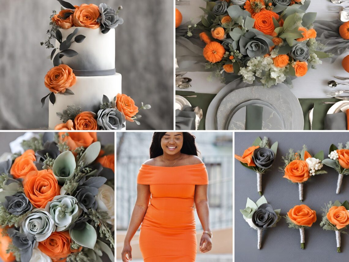 A photo collage with orange, tangerine, light grey, and dark grey wedding color ideas.