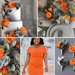 A photo collage with orange, tangerine, light grey, and dark grey wedding color ideas.