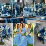 A photo collage of different shades of blue wedding color ideas.