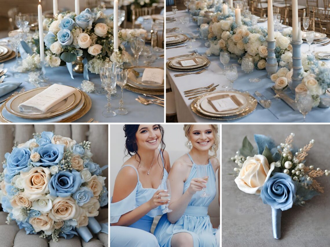 A photo collage of powder blue and champagne wedding color ideas.