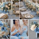 A photo collage of powder blue and champagne wedding color ideas.