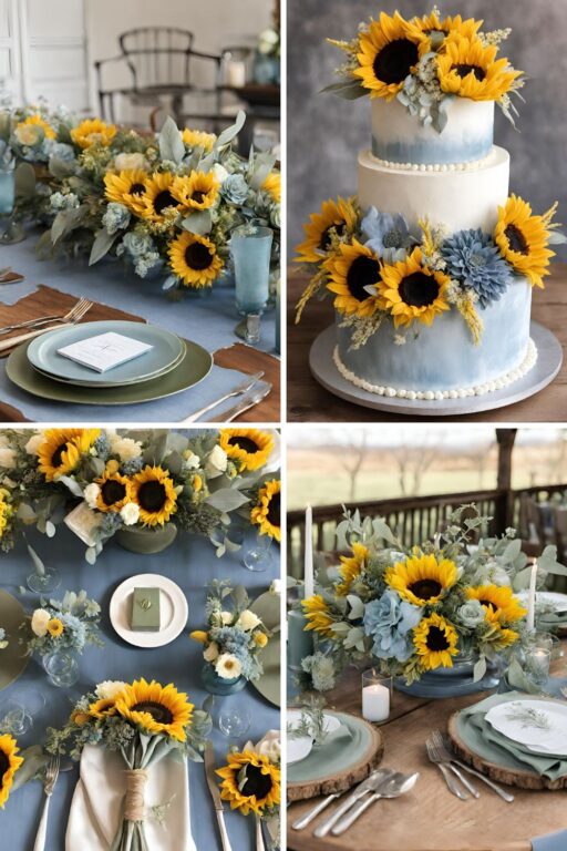 A photo collage of dusty blue, sage green, and sunflower wedding color ideas.