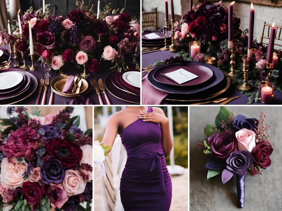 A photo collage of dark purple, burgundy, and pink wedding color ideas.